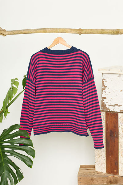 Marine Blue & Pink striped Cotton Cropped Guernsey Jumper