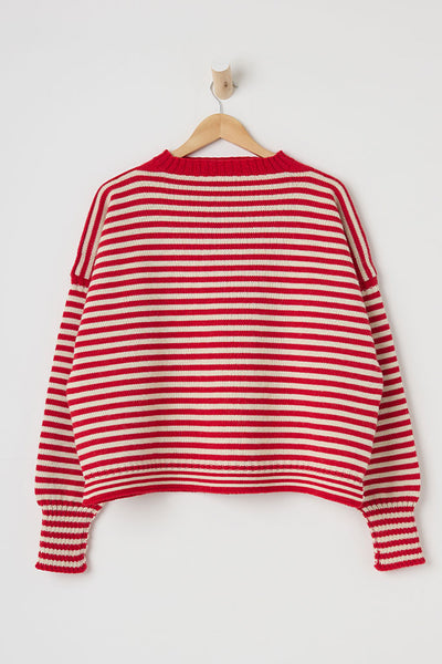 Red & Aran stripey off shoulder Guernsey Jumper