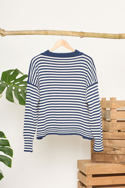 Marine Blue & Cream striped Cotton Cropped Guernsey Jumper