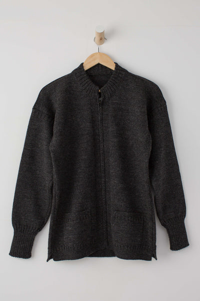 Dark Grey Zipped Guernsey Jacket on a wooden hanger