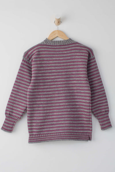 Kids Pink & Grey Striped Striped Traditional Guernsey Jumper on a wooden hanger