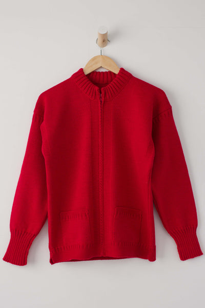 Tartan Red Zipped Guernsey Jacket on a wooden hanger