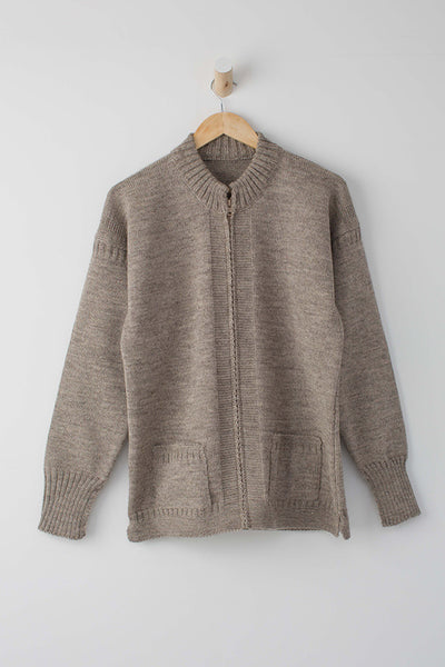 Beige Zipped Guernsey Jacket on a wooden hanger