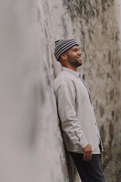 Navy & Cream Striped Knitted Beanie
