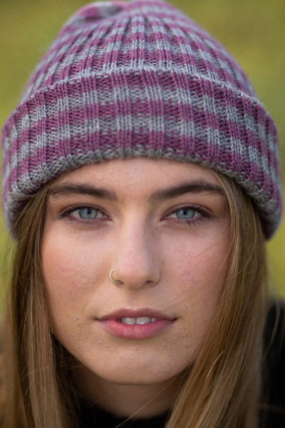 Lupin Pink & Smoke Striped Knitted Beanie