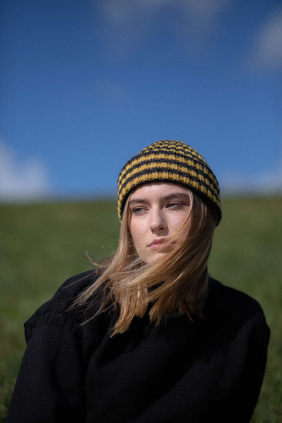 Charcoal & Mustard Yellow Striped Knitted Beanie