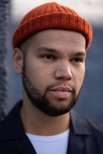 burnt orange short knitted beanie