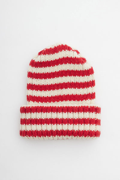 Red & Aran Striped Knitted Beanie
