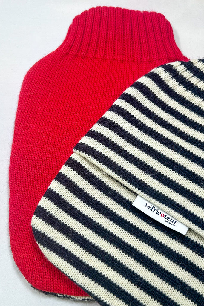 Navy & Aran with Red striped hot water bottle cover