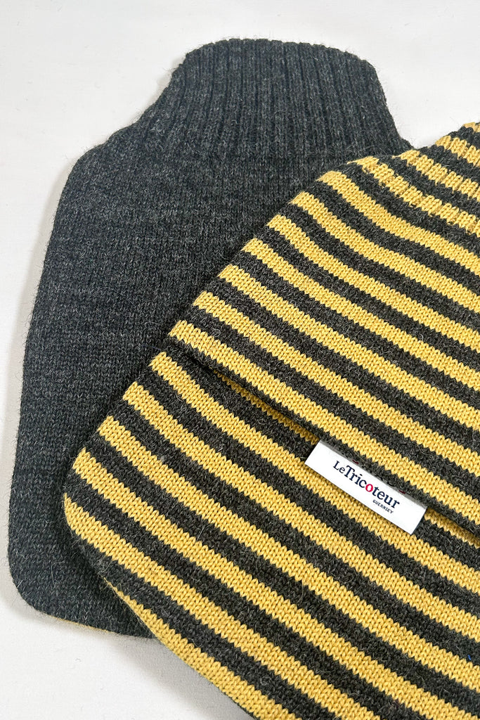 Mustard & Charcoal stripe with Charcoal hot water bottle cover