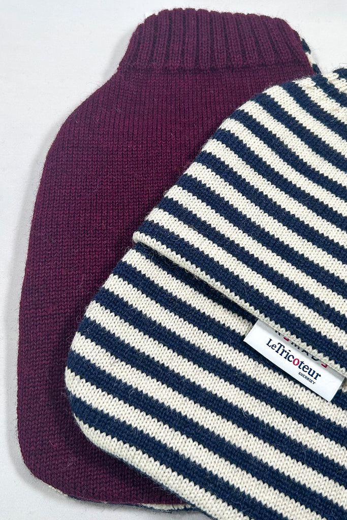 Navy & Aran with Burgundy striped hot water bottle cover