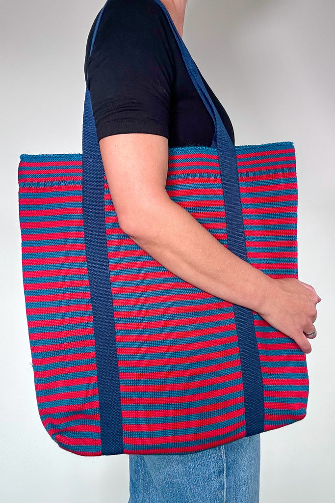 Red & Kingfisher blue striped Large Tote Bag