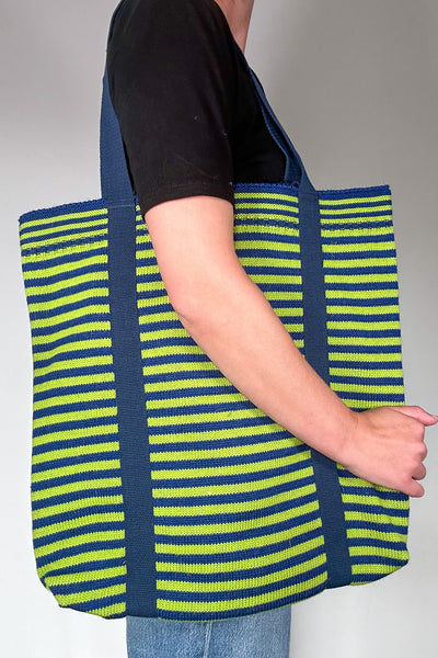 Neon Green & Royal Blue striped Large Tote Bag