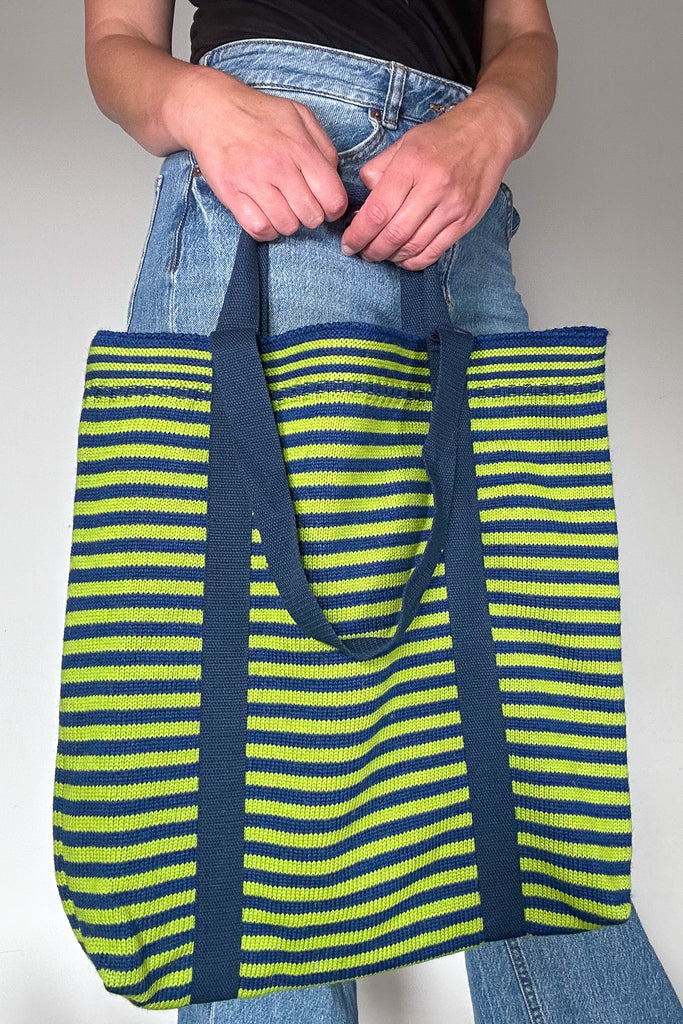 Neon Green & Royal Blue striped Large Tote Bag