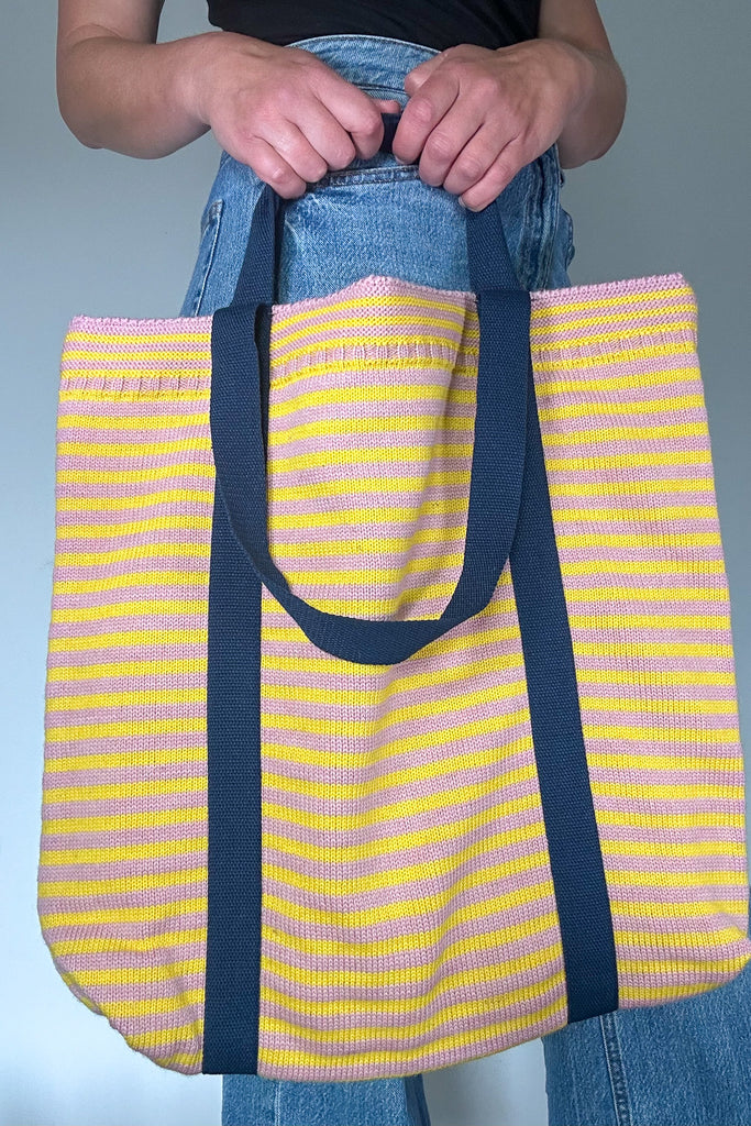 Rose Pink & Sunburst Yellow striped Large Tote Bag