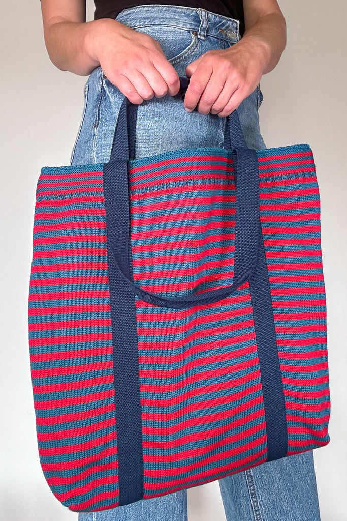 Red & Kingfisher blue striped Large Tote Bag