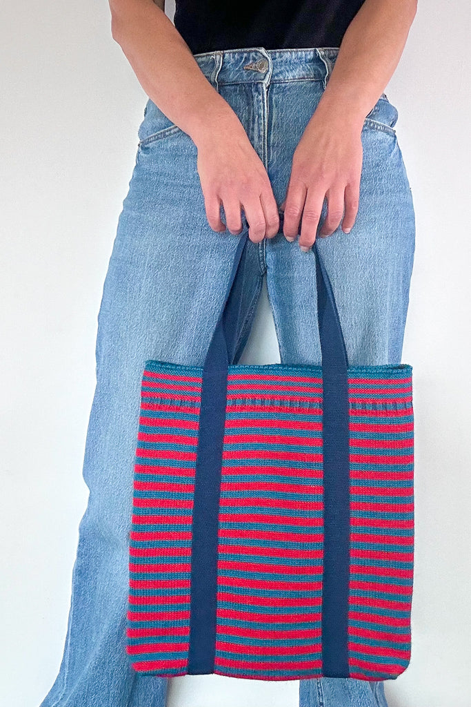 Red & Kingfisher Blue striped Small Tote Bag