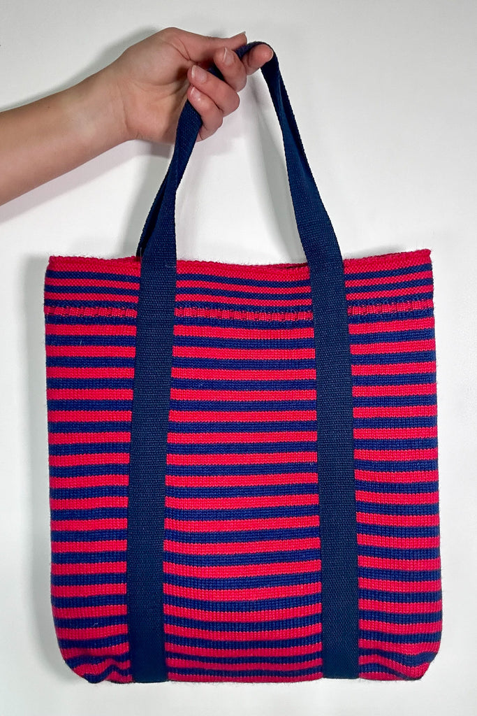 Red & Kingfisher Blue striped Small Tote Bag