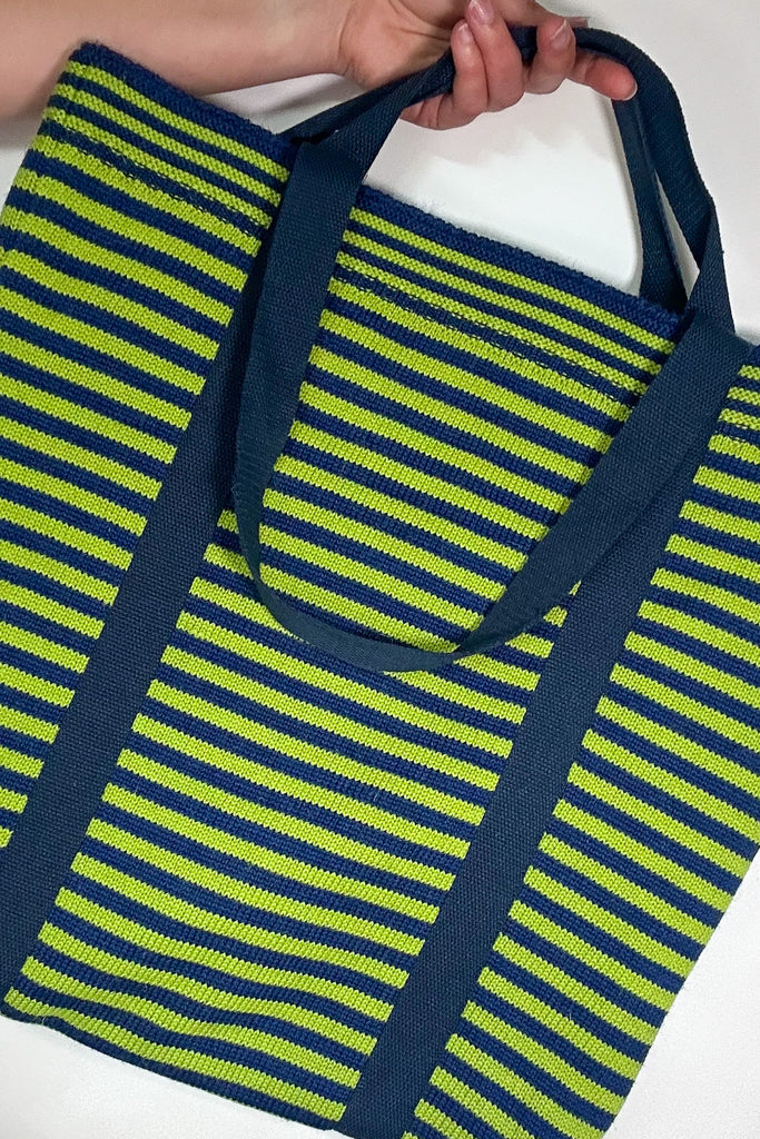 Neon Green & Royal Blue striped Large Tote Bag