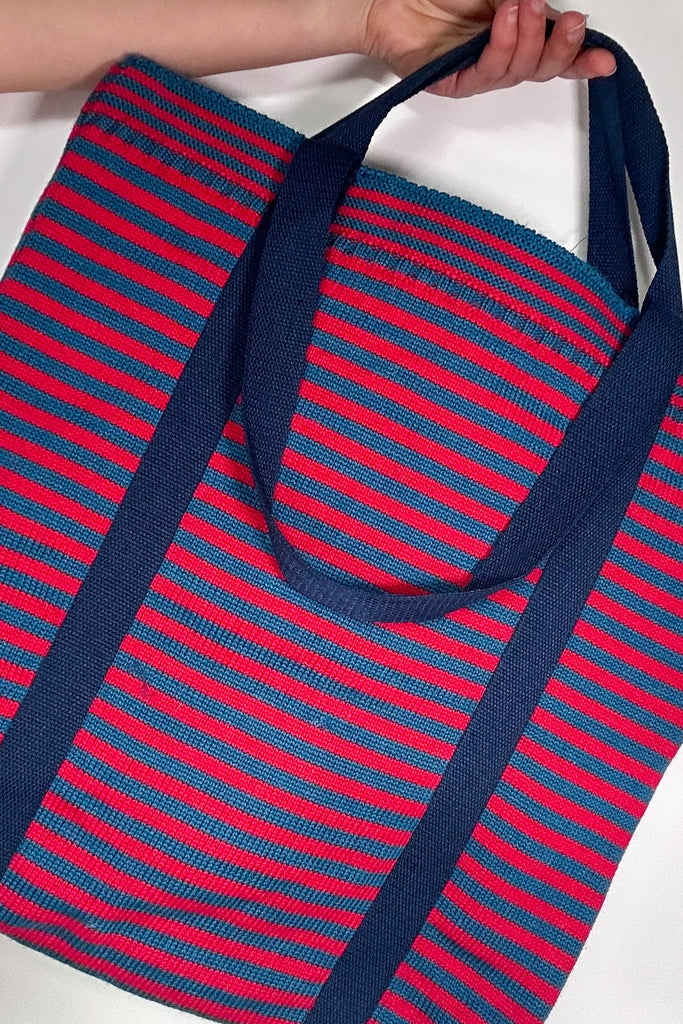 Red & Kingfisher blue striped Large Tote Bag