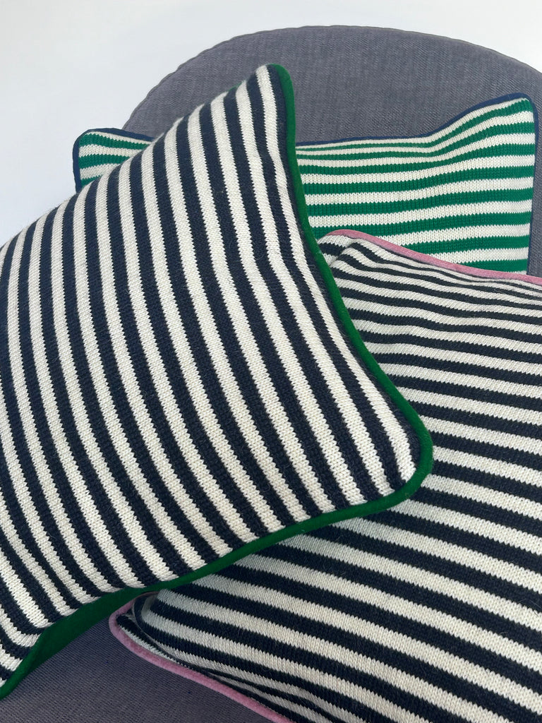 Square Navy & Aran stripe with Kelly Green felt cushion cover