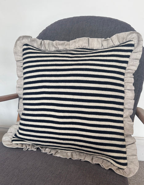 Square Navy & Aran stripe with Linen frill cushion cover