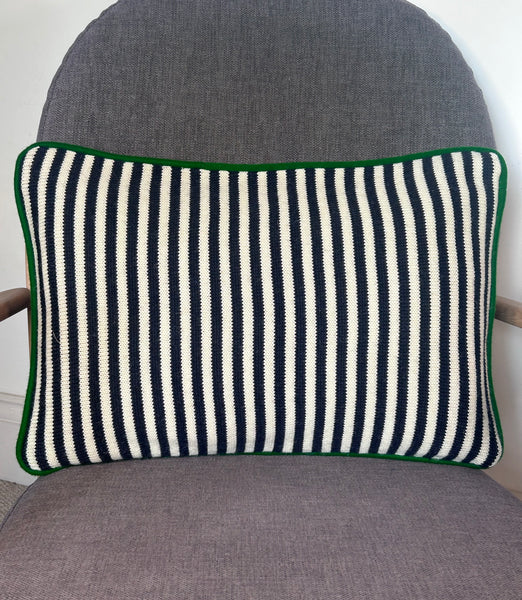 Rectangle Navy & Aran stripe with green scrap billiard baize cushion cover