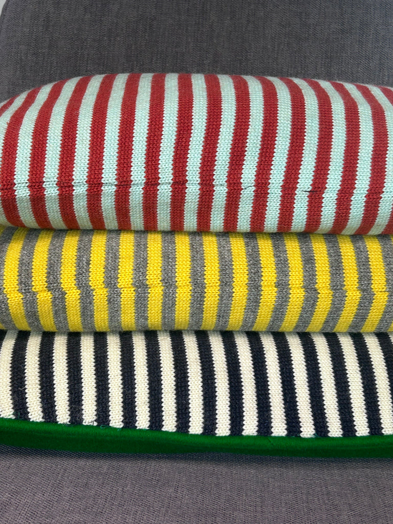 Rectangle Navy & Aran stripe with green scrap billiard baize cushion cover