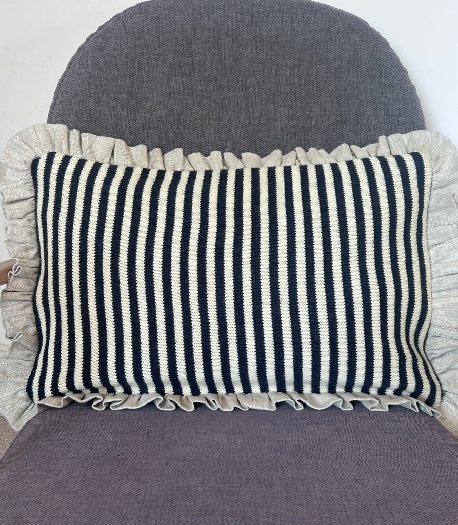 Rectangle Navy & Aran stripe with Linen frilled bolster cushion cover