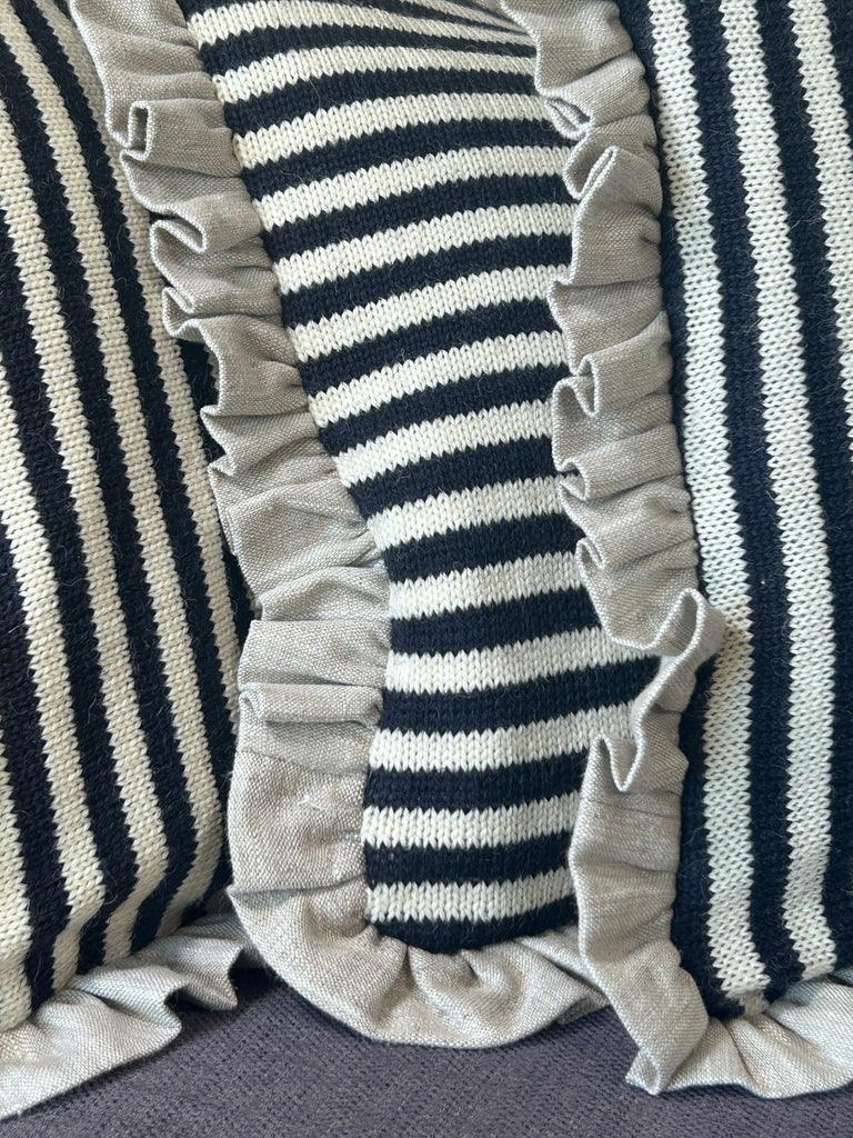 Rectangle Navy & Aran stripe with Linen frilled bolster cushion cover