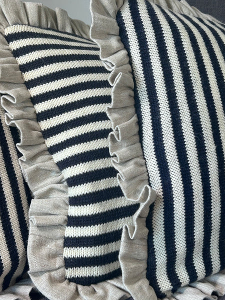 Square Navy & Aran stripe with Linen frill cushion cover