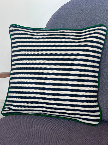 Square Navy & Aran stripe with Kelly Green felt cushion cover