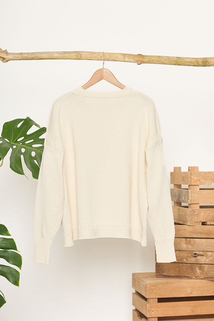 Cream Cotton Cropped Guernsey Jumper