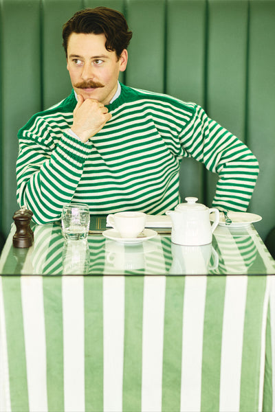 A classic striped guernsey in bright Kelly green and cream