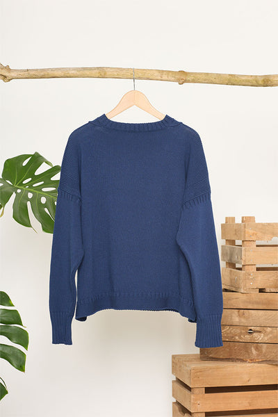 Marine Blue Cotton Cropped Guernsey Jumper