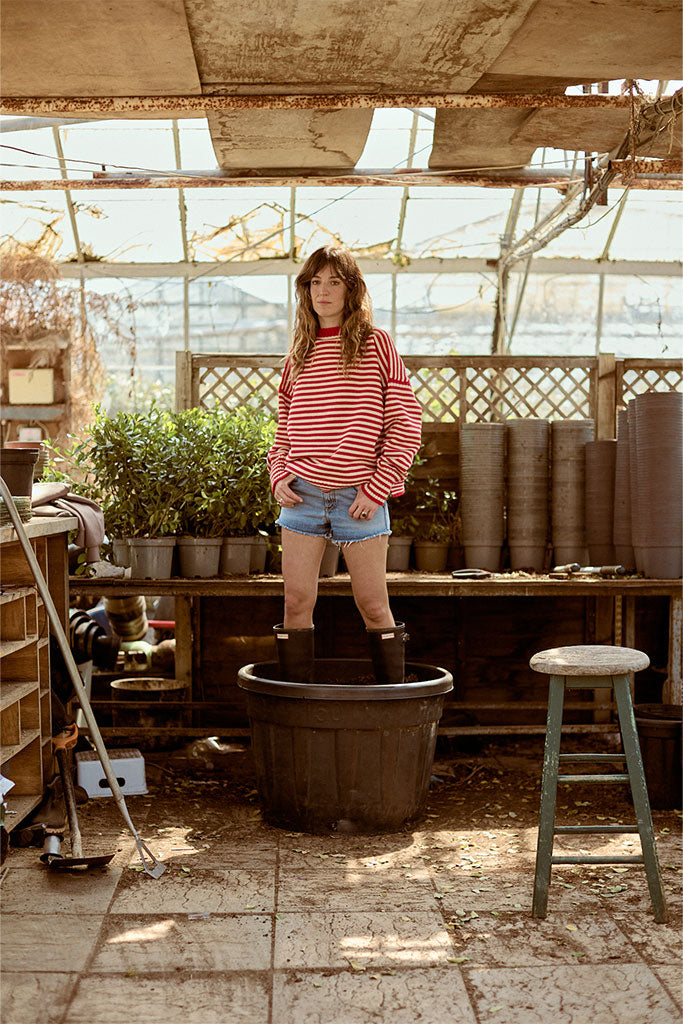 Red & Aran stripey off shoulder Guernsey Jumper