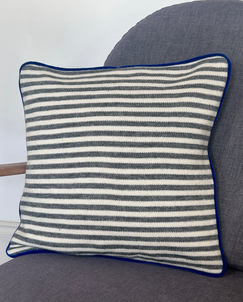 Square Pale Grey & Aran stripe with royal blue velvet cushion cover