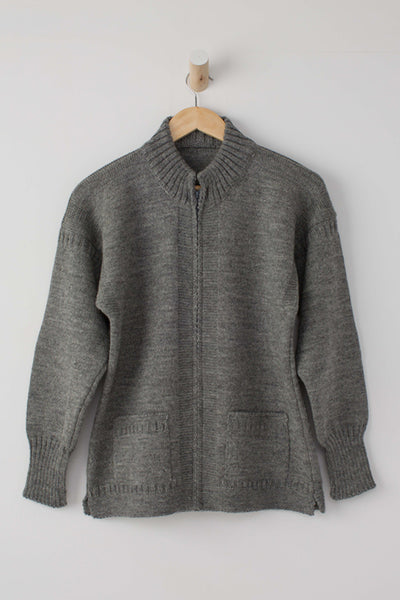 Mid Grey Zipped Guernsey Jacket on a wooden hanger