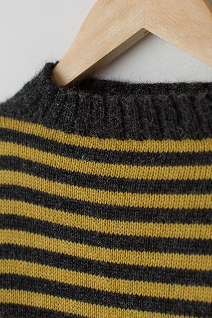 Neck detail on a Charcoal & Mustard Striped Traditional Guernsey