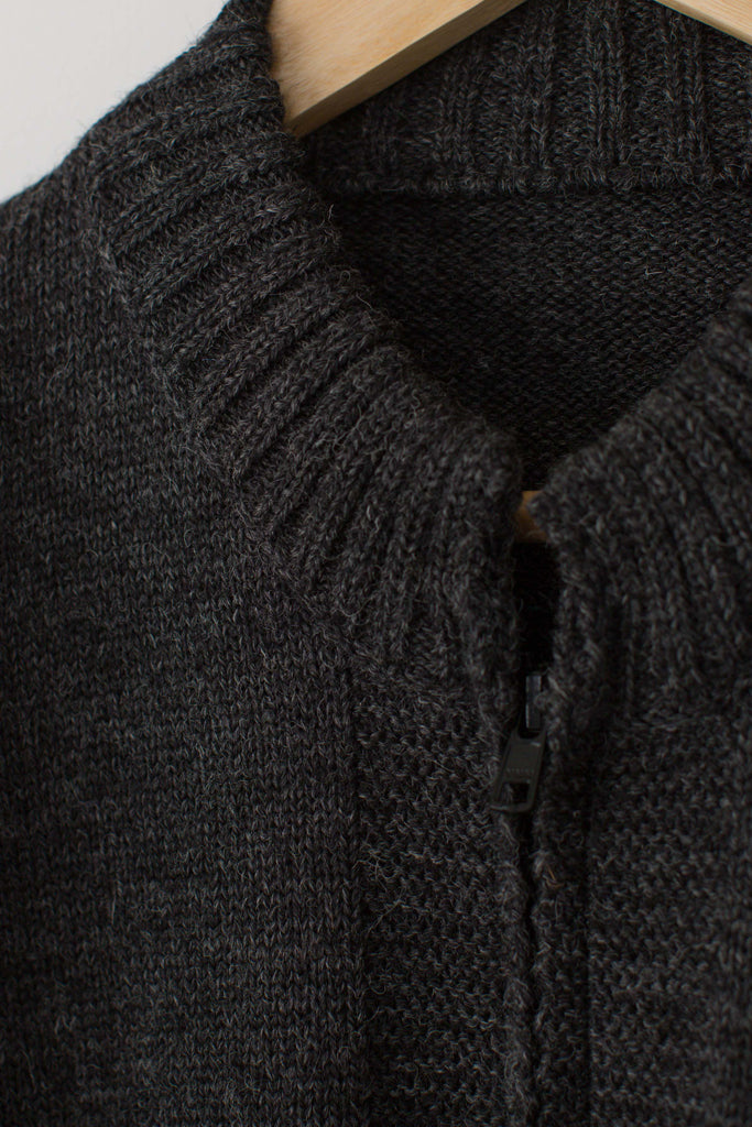 Collar detail on a Dark Grey Zipped Guernsey Jacket