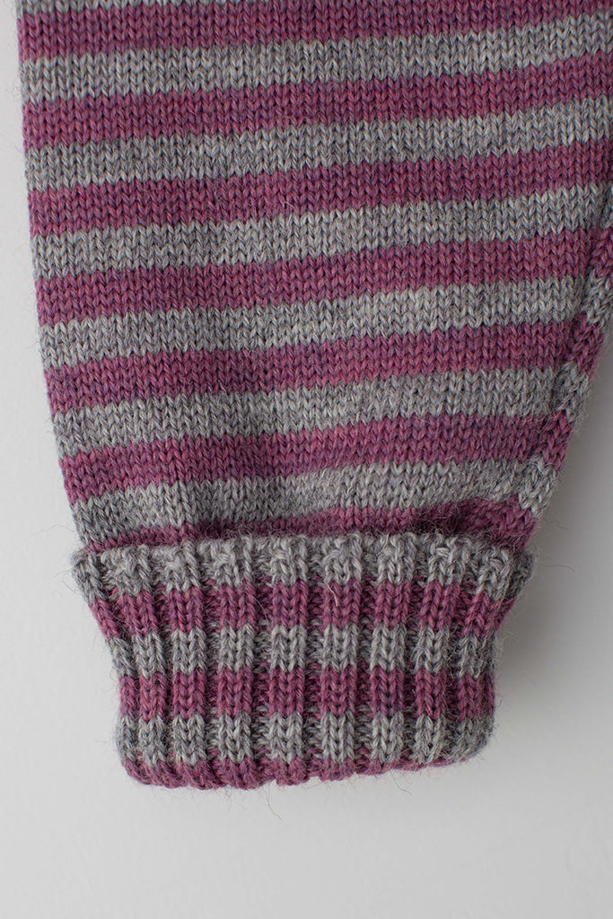 Folded cuff detail on a Lupin Pink & Pale Grey Striped Traditional Guernsey