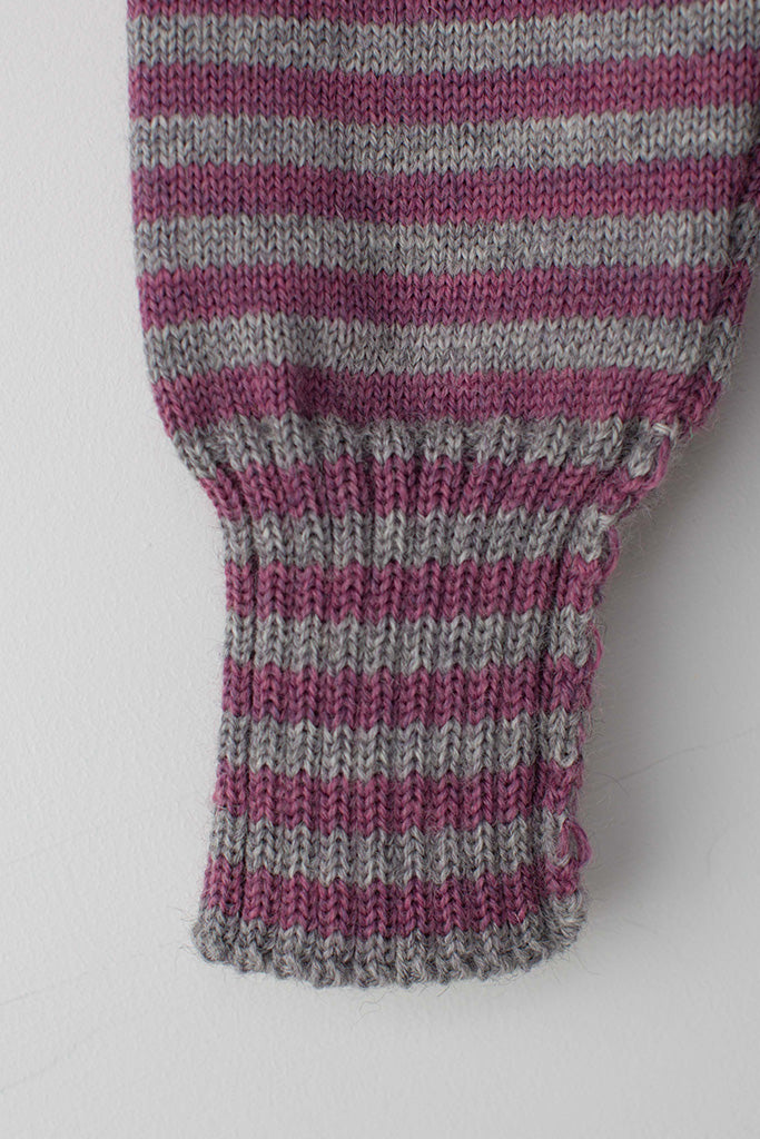 Open cuff detail on a Lupin Pink & Pale Grey Striped Traditional Guernsey