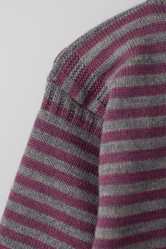 Sleeve detail on a Lupin Pink & Pale Grey Striped Traditional Guernsey