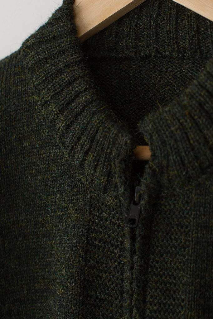 Collar detail on a Military Green Zipped Guernsey Jacket