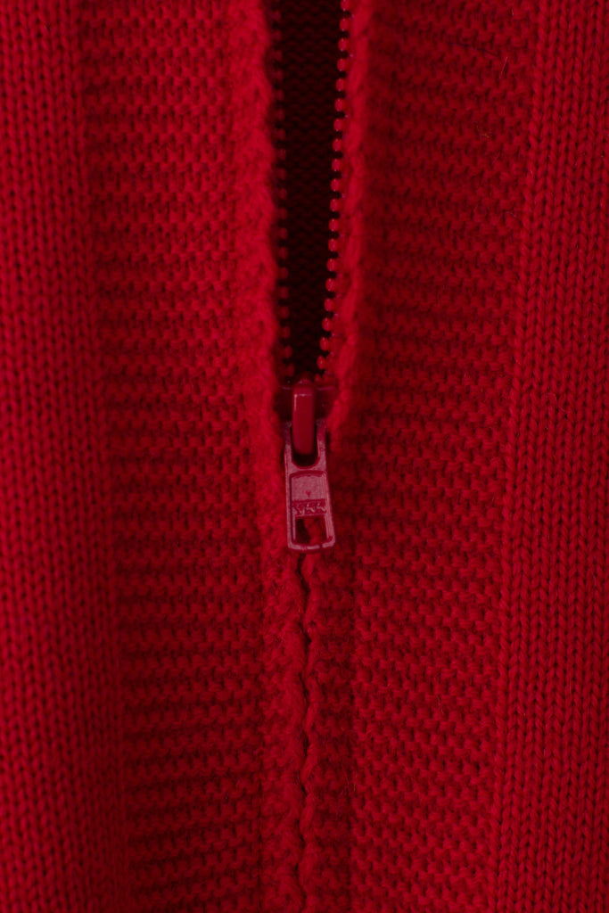 Zip detail on a Tartan Red Zipped Guernsey Jacket