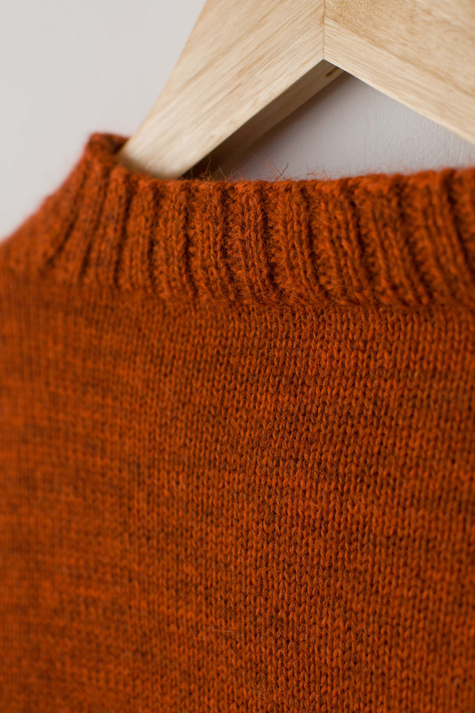 Neck detail on a Burnt Orange Traditional Guernsey