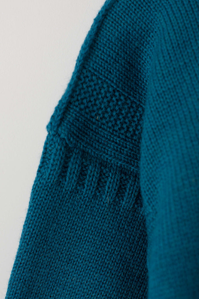 Sleeve detail on a Kingfisher Blue Traditional Guernsey