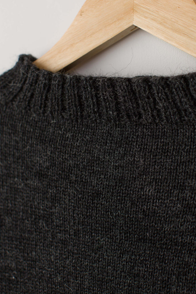 Neck detail on a Dark Grey Traditional Guernsey
