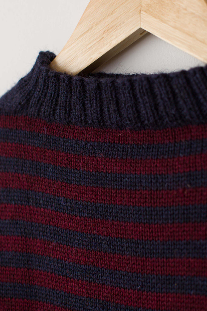 Neck detail on a Navy & Burgundy Striped Traditional Guernsey