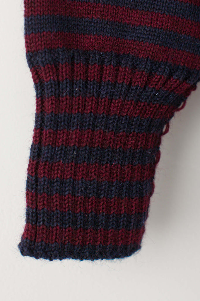 Open cuff detail on a Navy & Burgundy Striped Traditional Guernsey